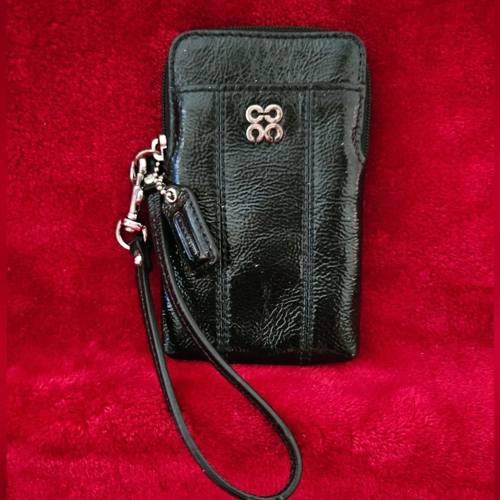 Coach Black Patent Leather Wristlet with Silver Logo